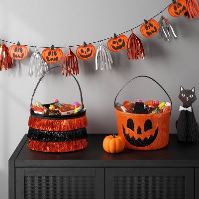  7.5" Halloween Trick Or Treat Fabric Basket Orange/Tinsel Black - Hyde And EEK! Boutique™