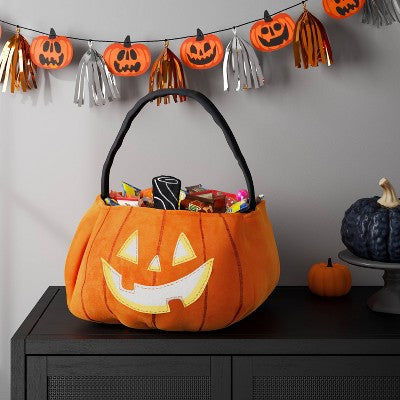  10" Jumbo Pumpkin Halloween Trick Or Treat Fabric Basket Orange/Black - Hyde And EEK! Boutique™