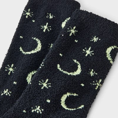  Women's Glow-in-the-Dark Moon And Stars Halloween Cozy Crew Socks - Hyde And EEK! Boutique™ Black 4 - 10