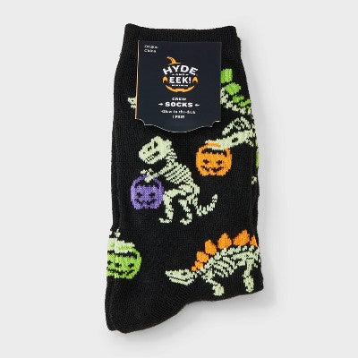  Women's Glow-in-the-Dark Trick-or-Treat Dinosaur Halloween Crew Socks - Hyde And EEK! Boutique™ Black 4 - 10