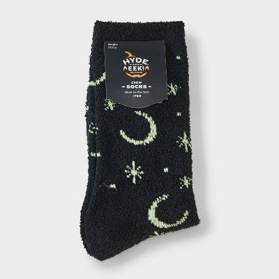  Women's Glow-in-the-Dark Moon And Stars Halloween Cozy Crew Socks - Hyde And EEK! Boutique™ Black 4 - 10